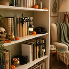 Lantern on a cozy bookshelf