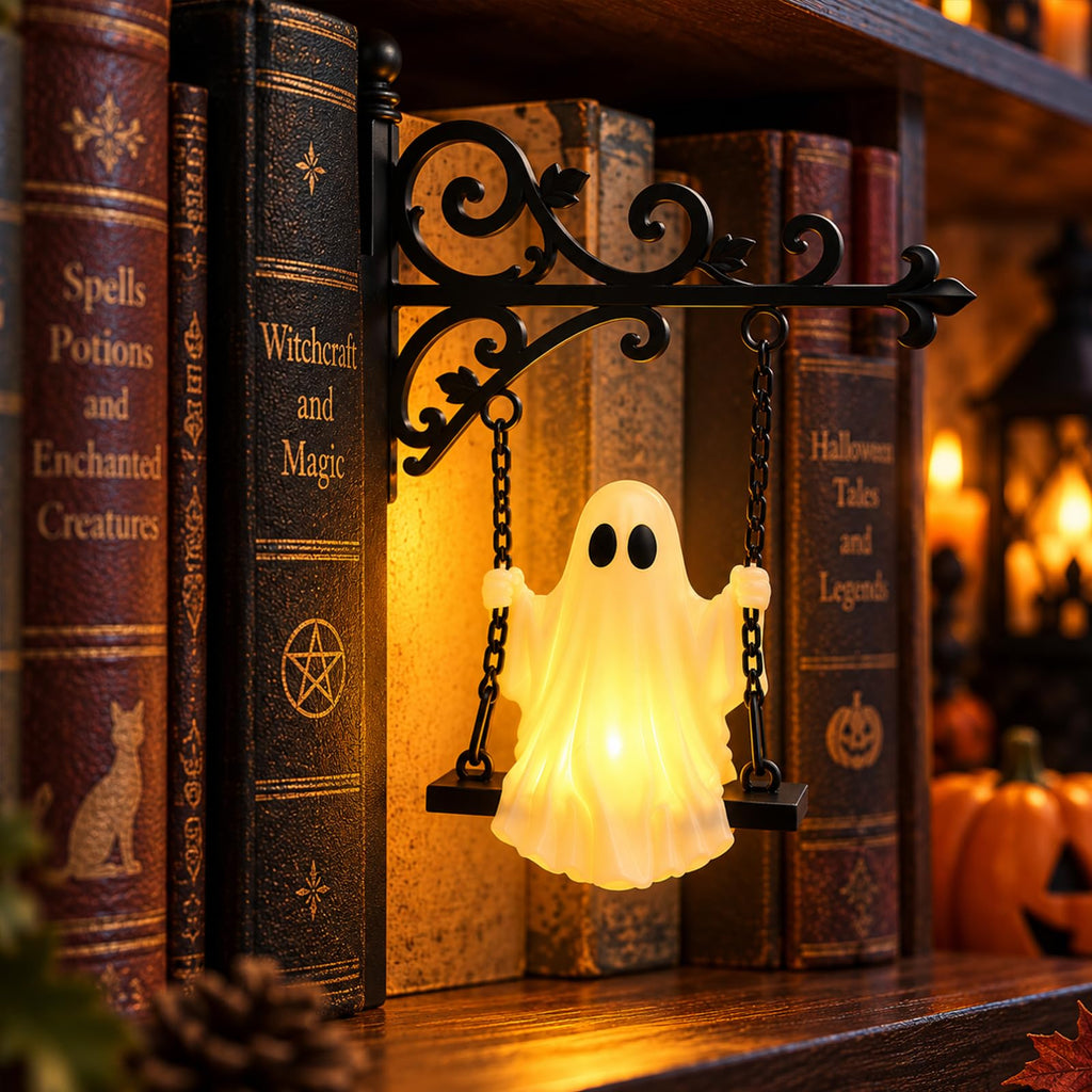 Ghost lantern glowing on a bookshelf