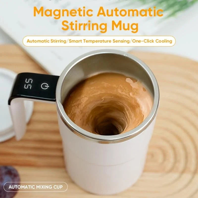 Self-stirring mug whirlpool with temperature display