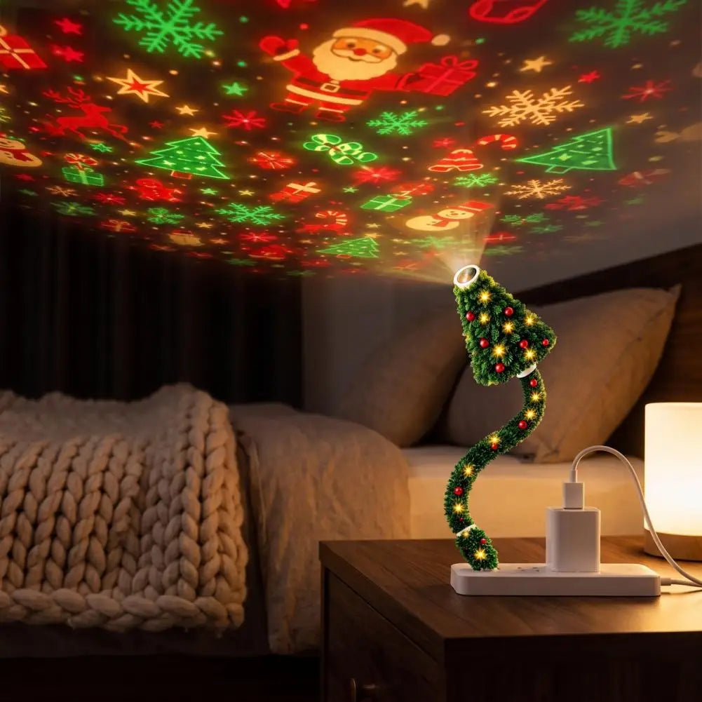 Christmas tree projector lighting up a bedroom ceiling