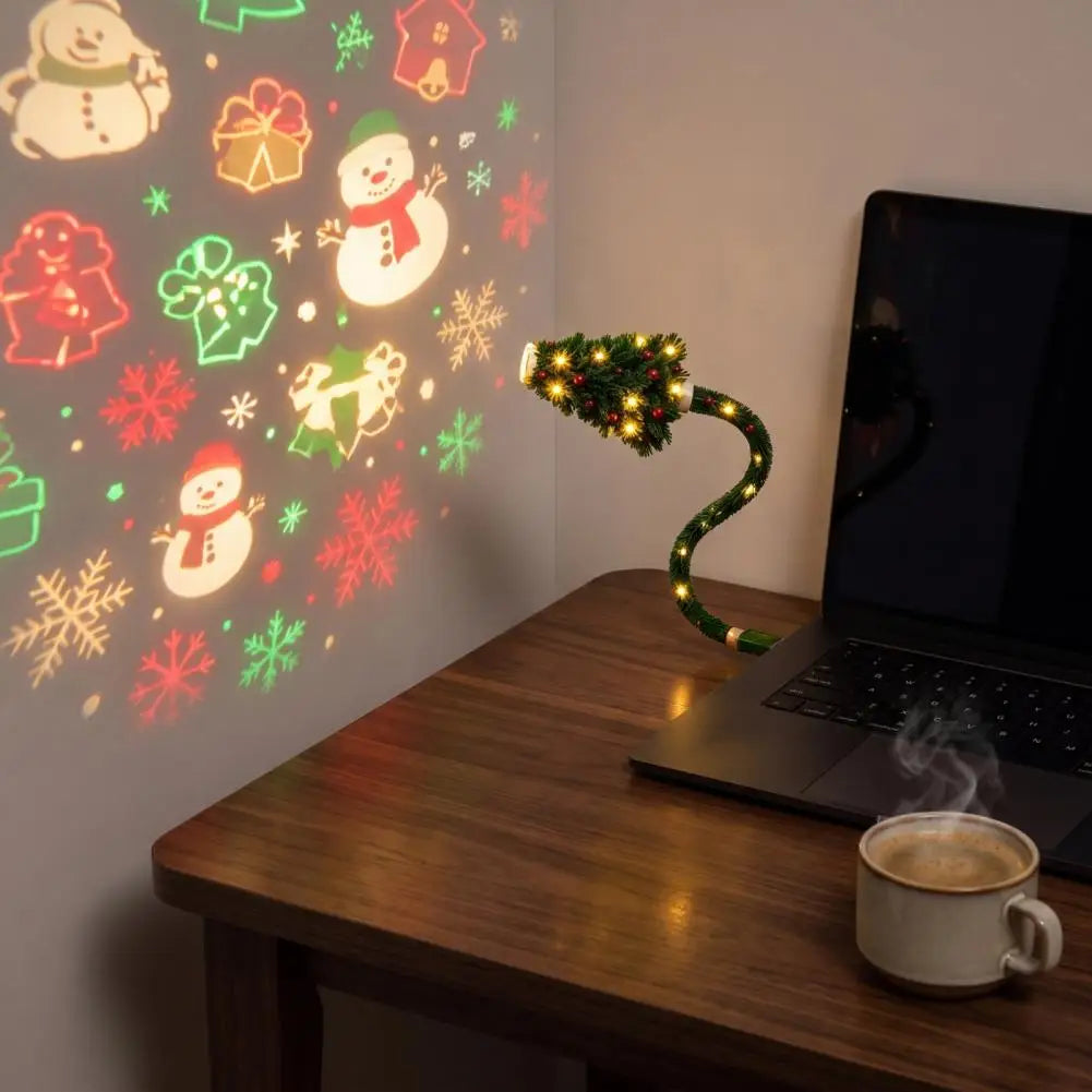 Projector on a desk casting holiday patterns on the wall