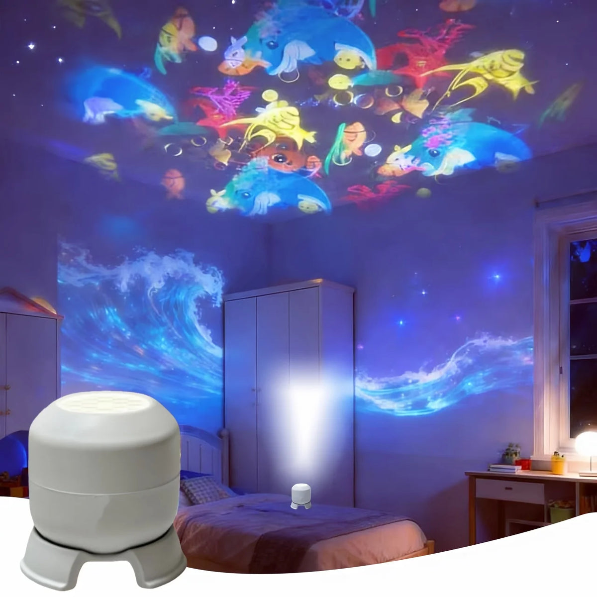 Ocean projector lighting a kids bedroom