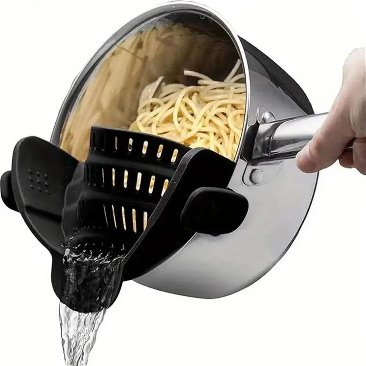 Clip-on pasta strainer, black