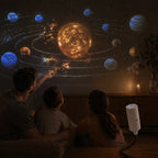 Family watching a projected solar system