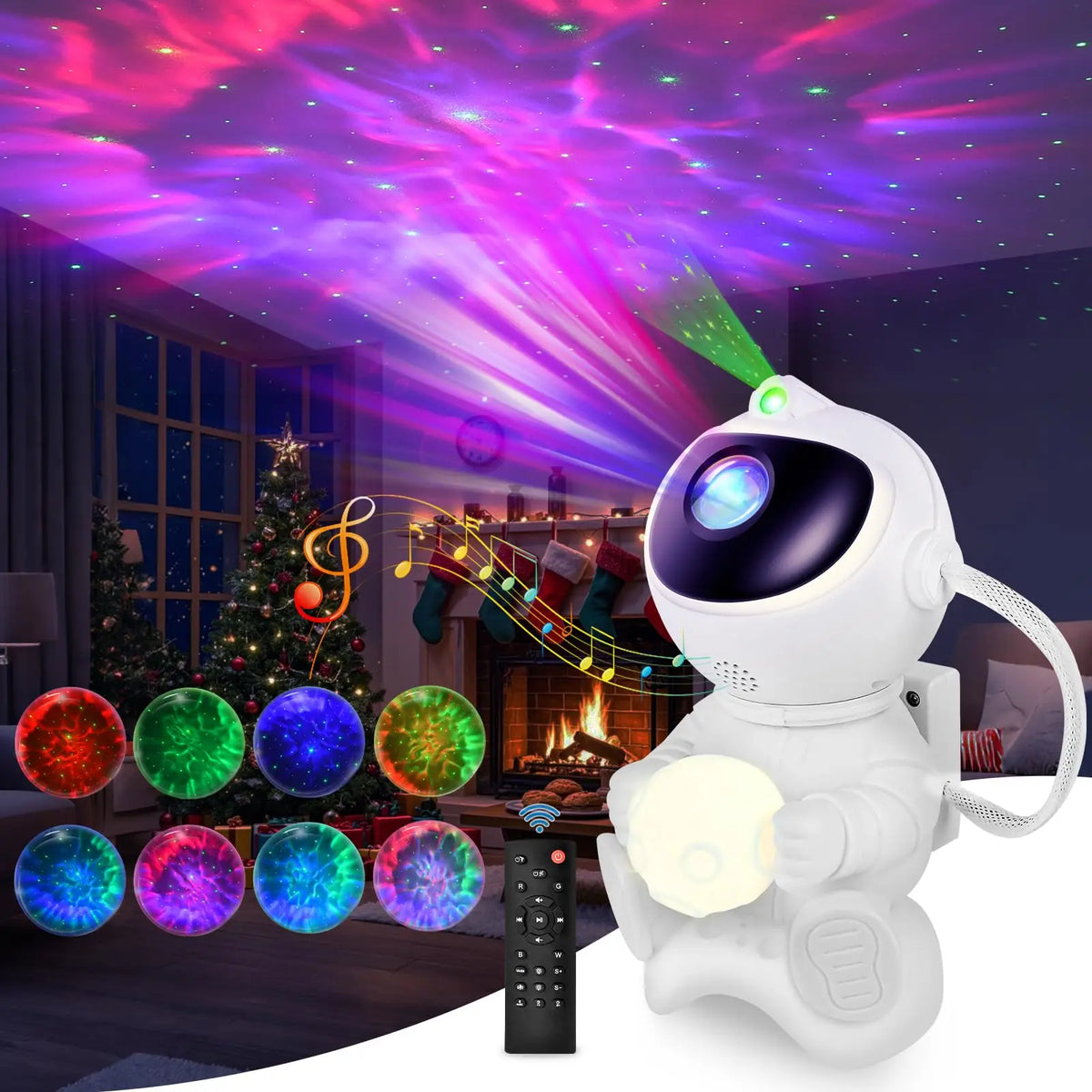 Astronaut projector filling a room with galaxy light