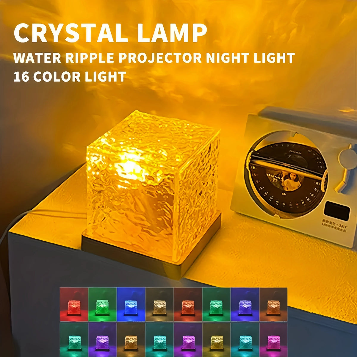 Crystal lamp glowing warm amber