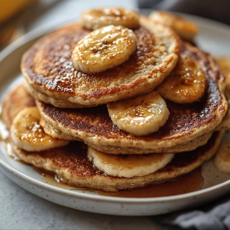 Three ingredient banana oatmeal pancakes stacked on a plate