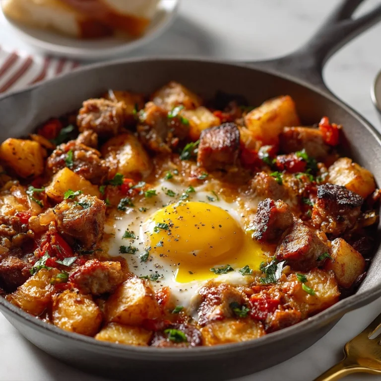 Baked Sausage Breakfast Hash served in a skillet with colorful vegetables.