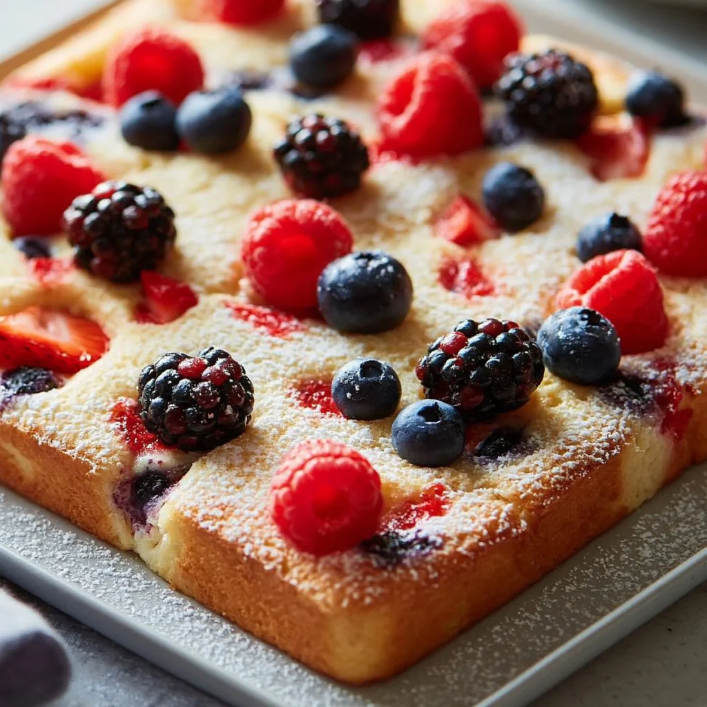 Fluffy sheet pan pancakes baked in a large tray, perfect for breakfast.