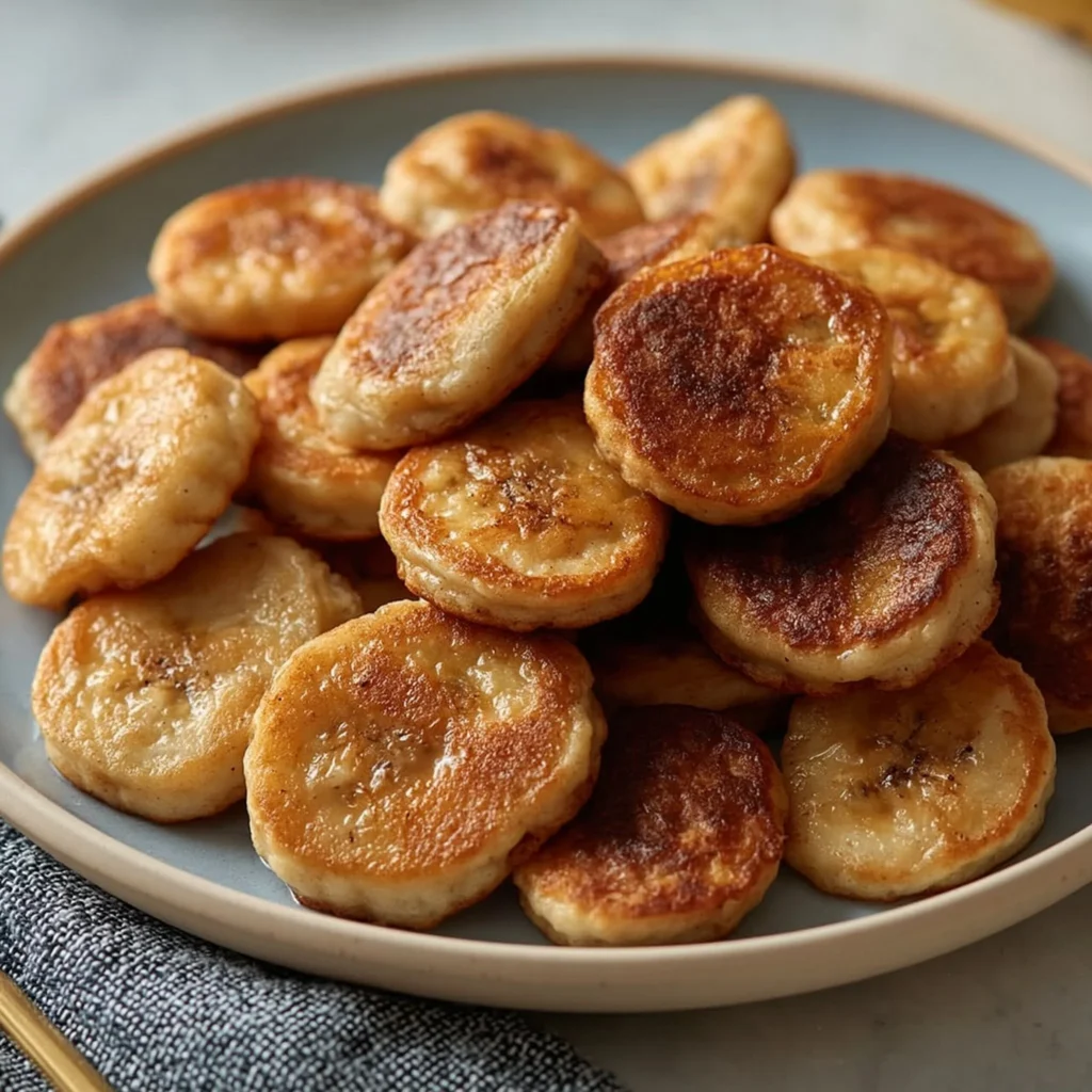 Mini banana pancake bites served on a plate with syrup and fruit