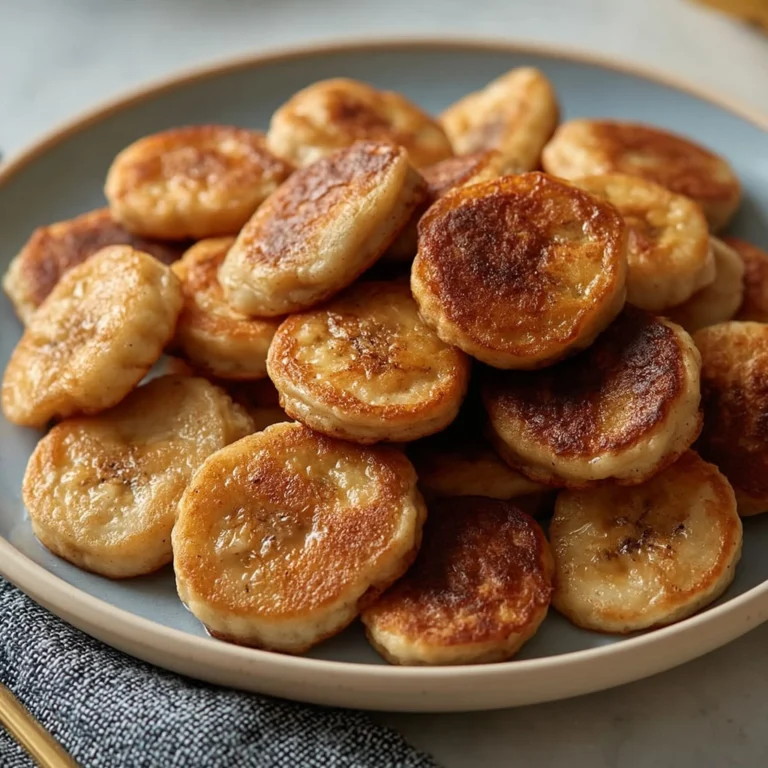 Mini banana pancake bites served on a plate with syrup and fruit