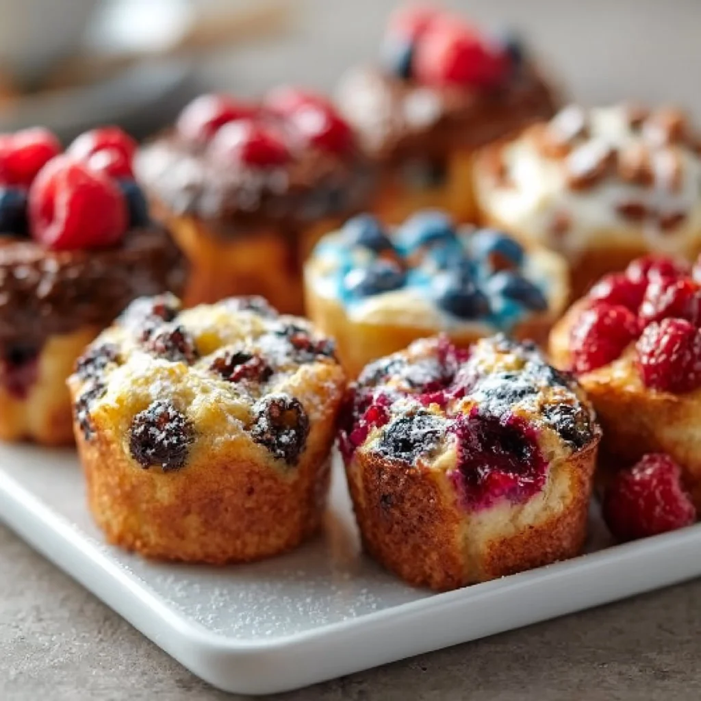 Colorful pancake muffins with six different flavors on a plate