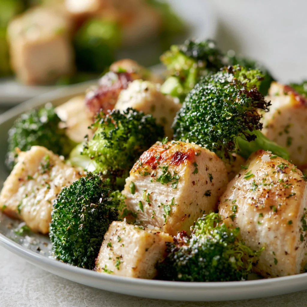 Crispy air fryer chicken bites served with steamed broccoli