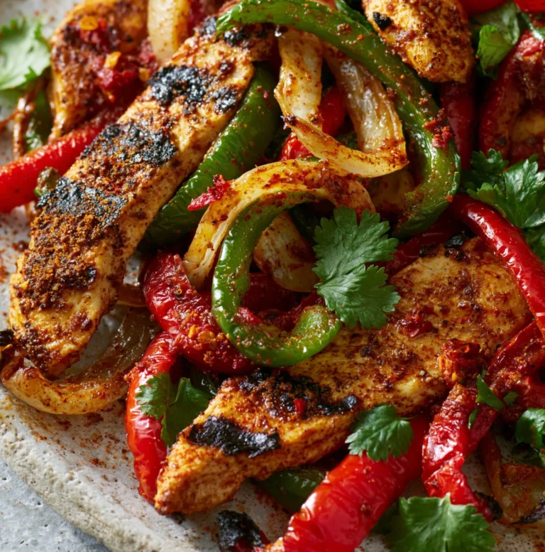 Air Fryer Chicken Fajitas served on a plate with peppers and onions