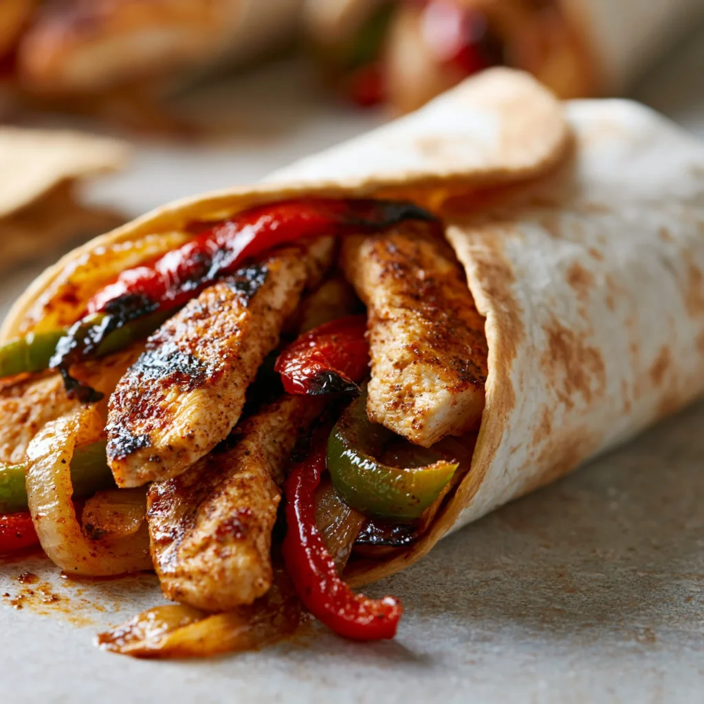 Air Fryer Chicken Fajitas served with peppers and onions on a plate