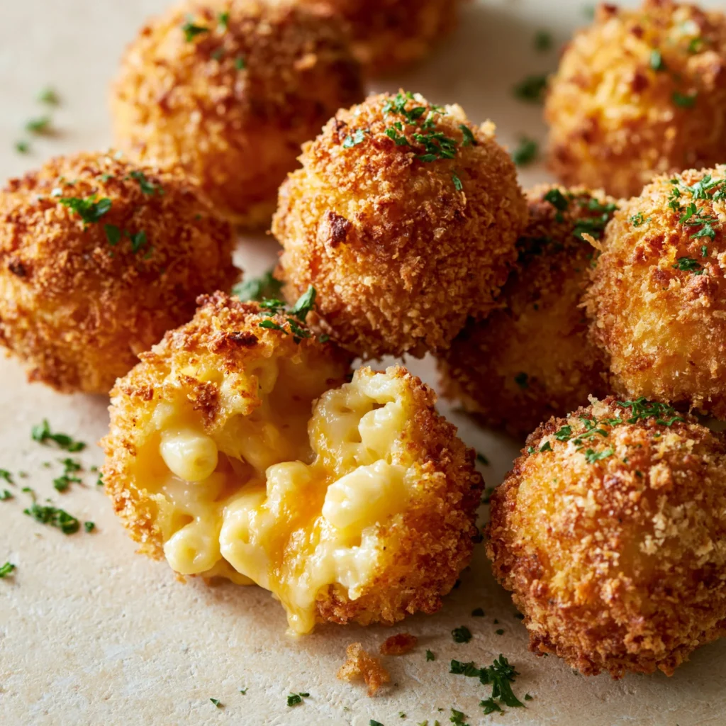 Crispy air fryer fried macaroni and cheese balls served with dipping sauce