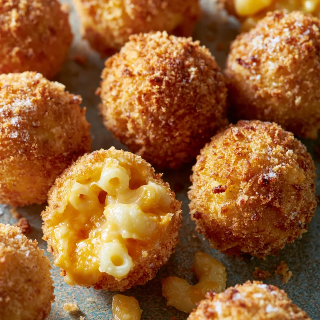 Crispy air fryer macaroni and cheese balls served on a white plate
