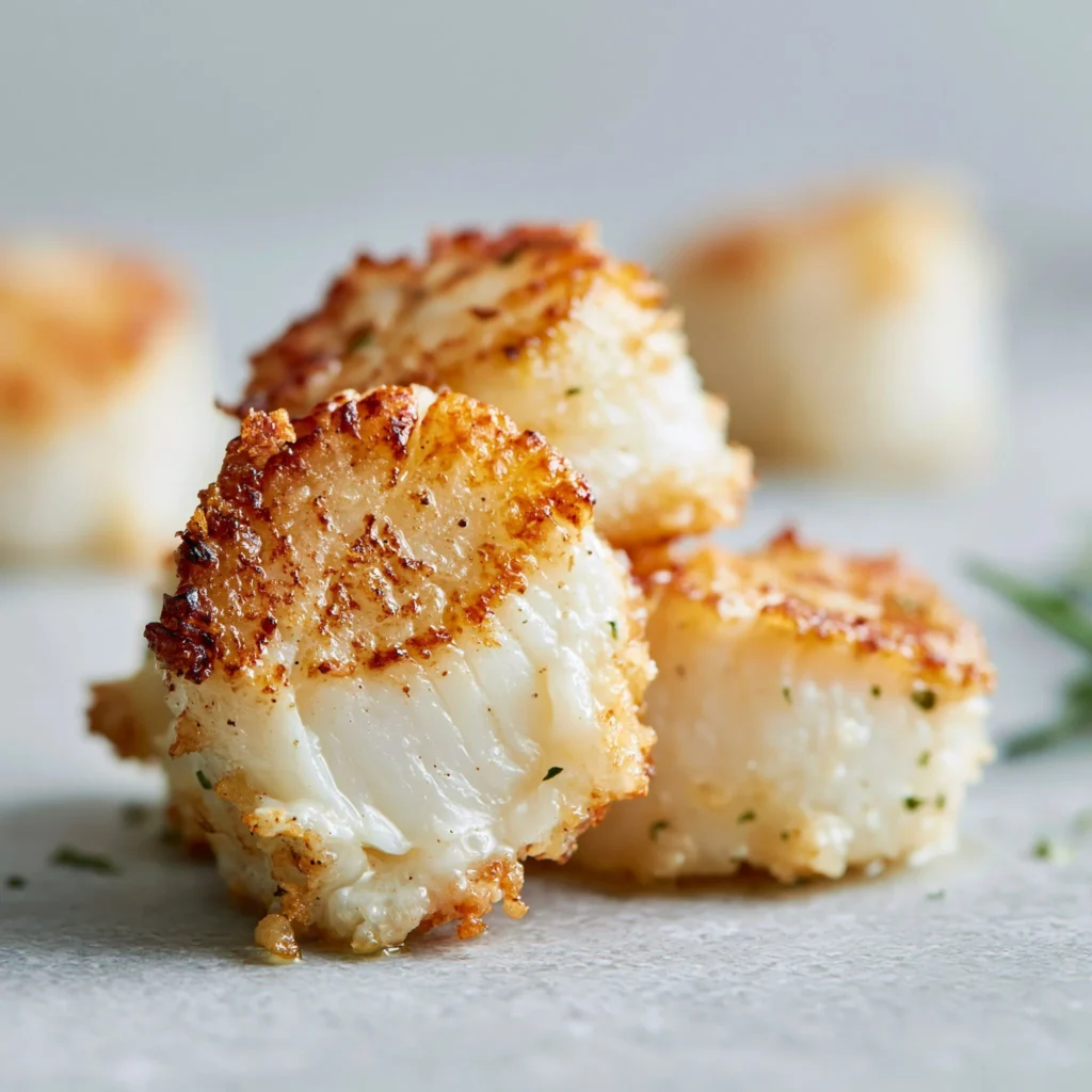 Delicious air fryer scallops served on a plate with lemon and herbs