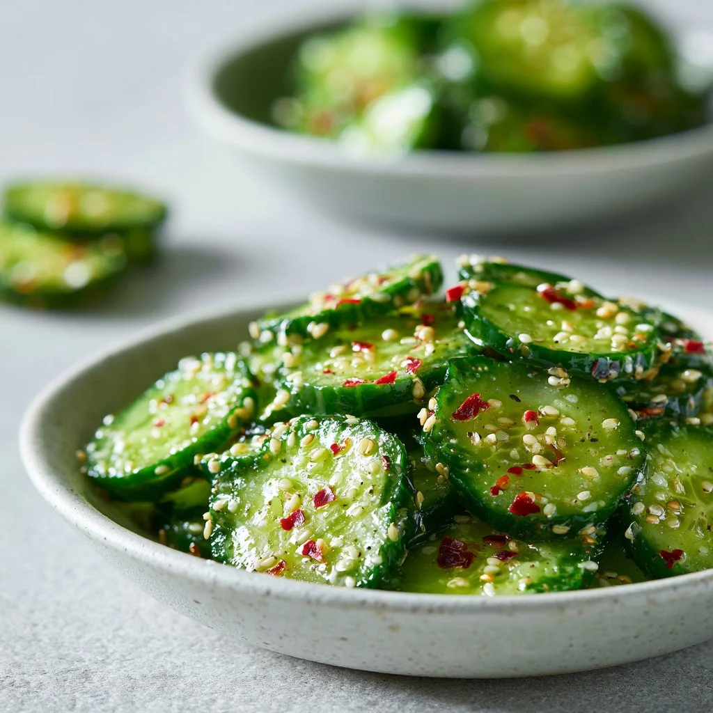 Bowl of Asian cucumber salad with fresh vegetables and dressing