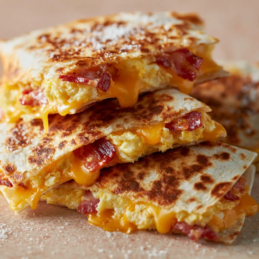 Bacon egg and cheese breakfast quesadilla served on a plate