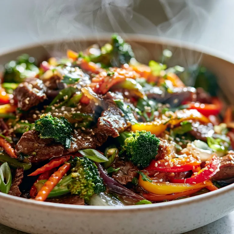 Colorful beef stir fry with fresh vegetables in a skillet