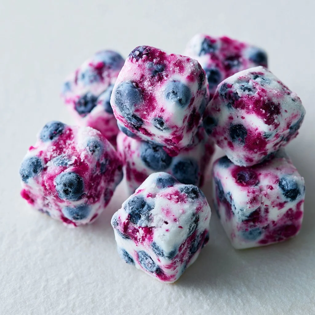 Blueberry Greek yogurt bites on a white plate, a healthy snack option.