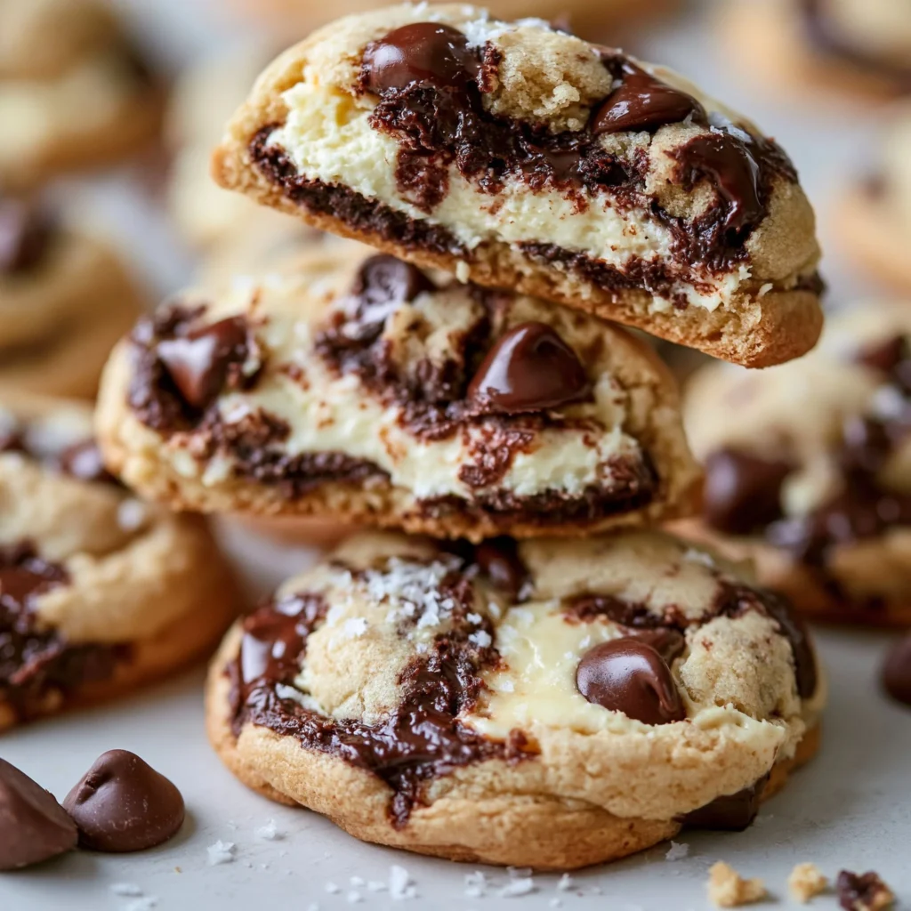 Delicious cheesecake stuffed chocolate chip cookies on a baking tray