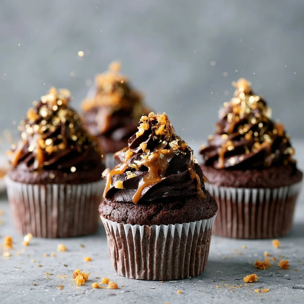 Delicious chocolate caramel cupcakes topped with creamy frosting