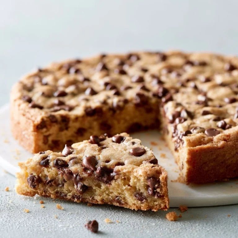 Delicious Chocolate Chip Cookie Cake with chocolate chips and a slice cut out