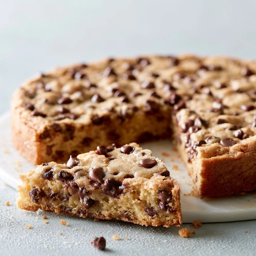Delicious Chocolate Chip Cookie Cake with chocolate chips and a slice cut out
