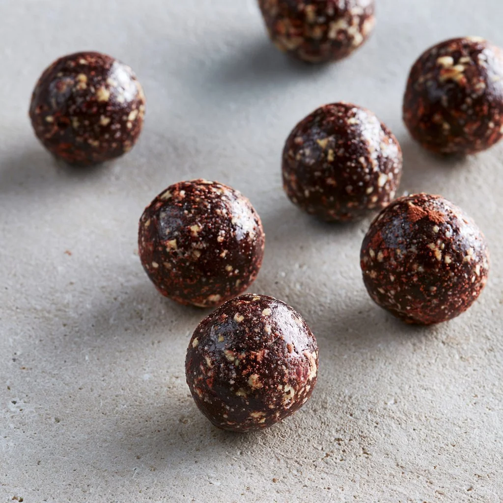 Homemade chocolate date balls made with nuts and cocoa