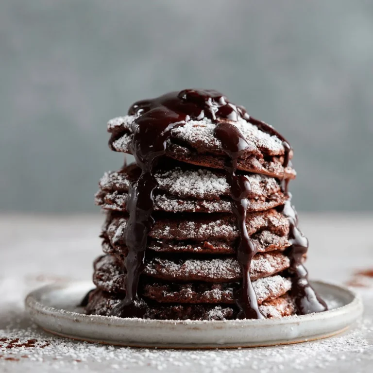Delicious chocolate pancakes topped with a smooth chocolate drizzle