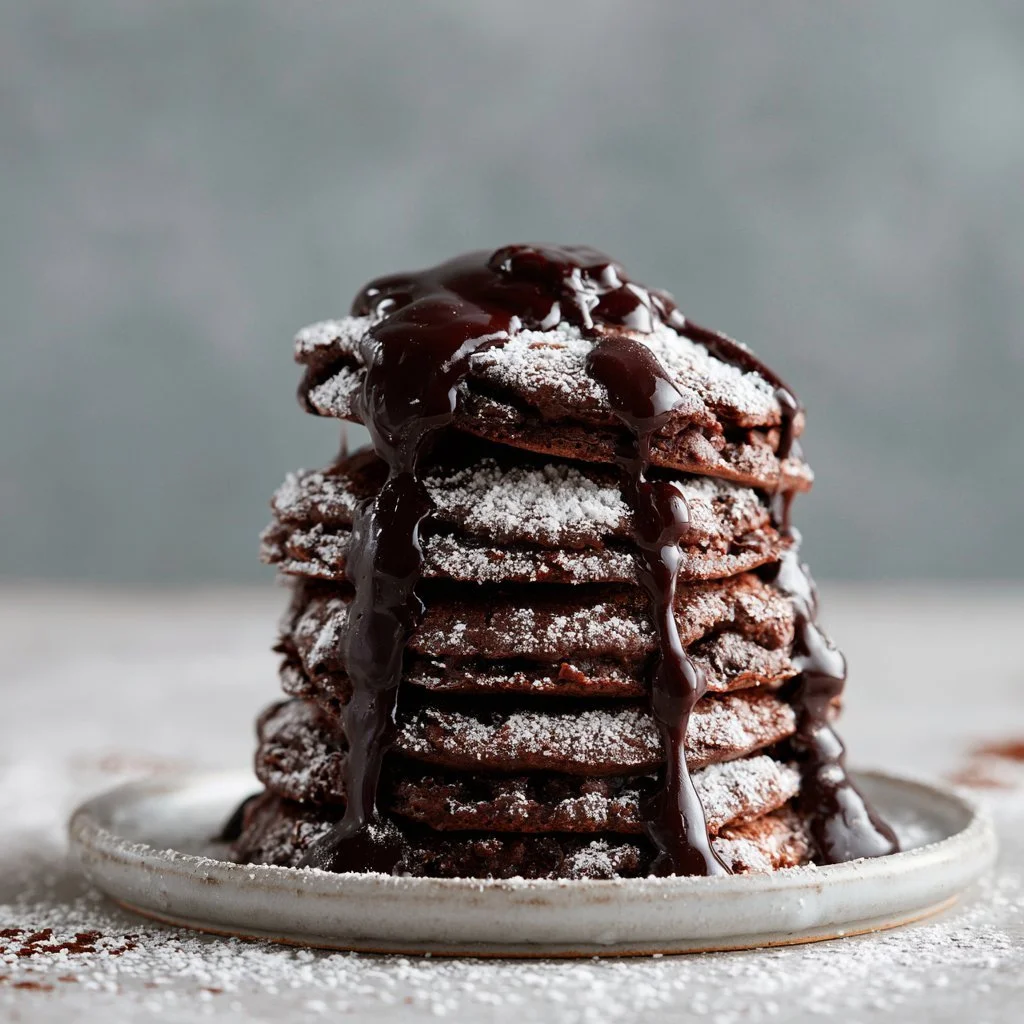 Delicious chocolate pancakes topped with a smooth chocolate drizzle