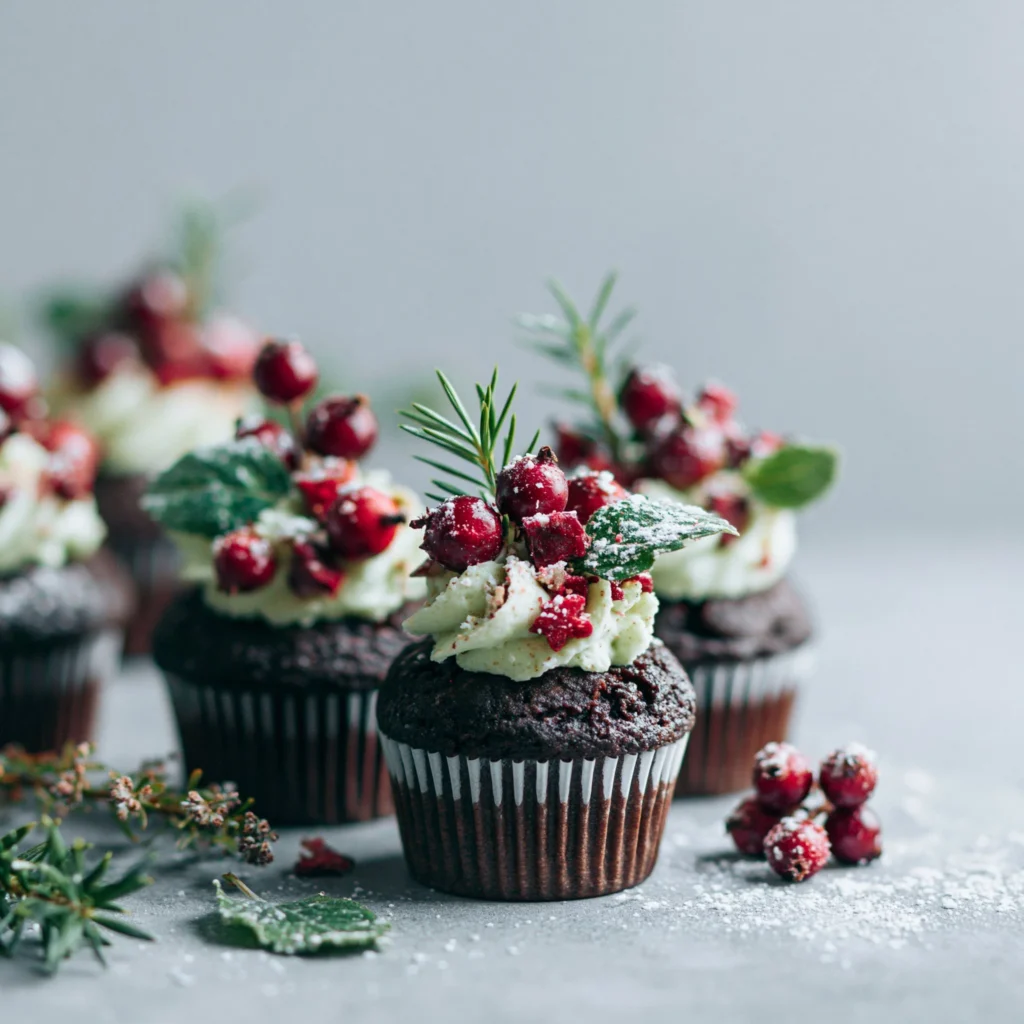 Christmas cupcakes with strawberry Santa hats on a festive table.