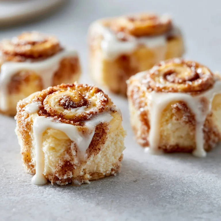 Cinnamon roll cheesecake bites topped with cream and cinnamon.