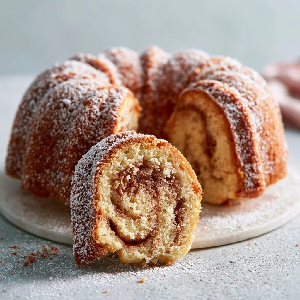 Delicious Cinnamon Swirl Bundt Cake with a rich cinnamon swirl pattern