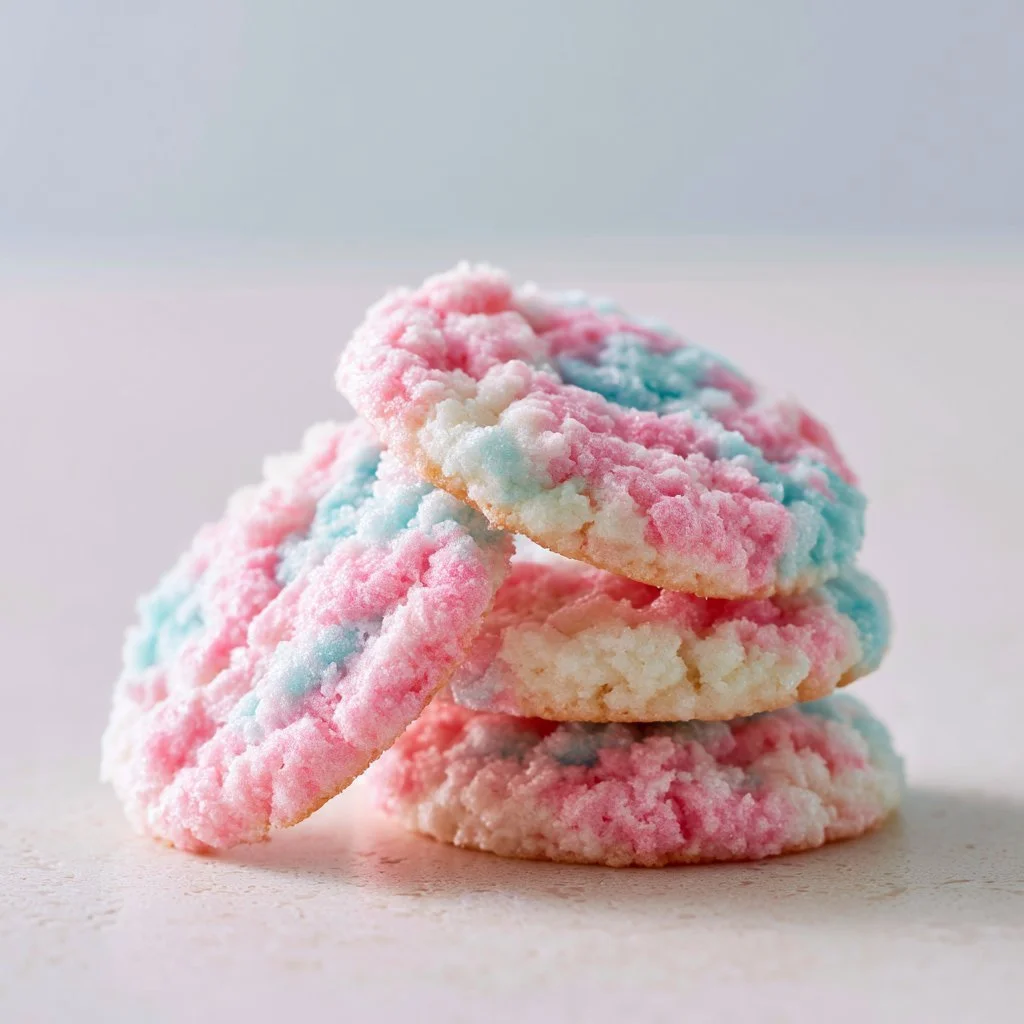 Colorful Cotton Candy Cookies topped with sprinkles and cotton candy flavoring.