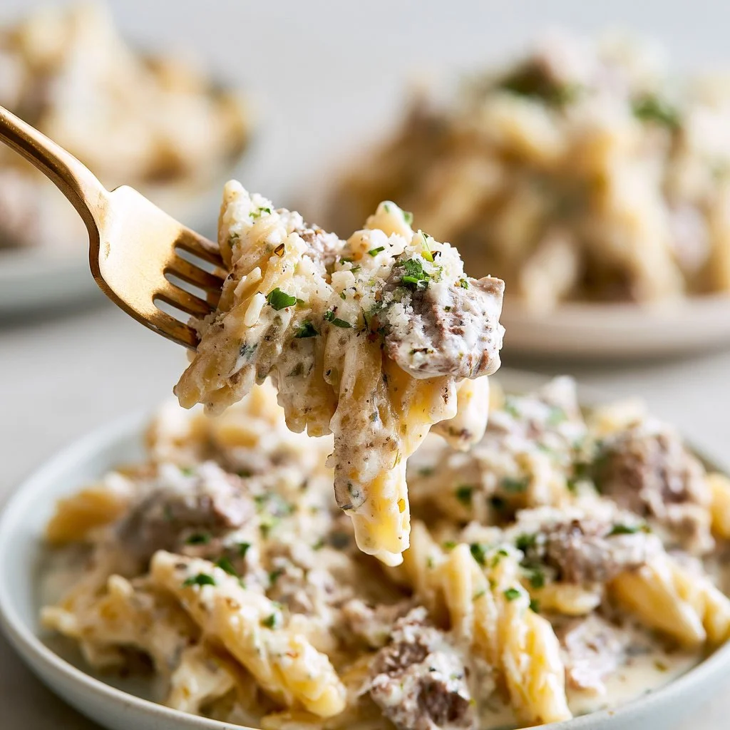 Creamy beef pasta served in a bowl, garnished with fresh herbs.