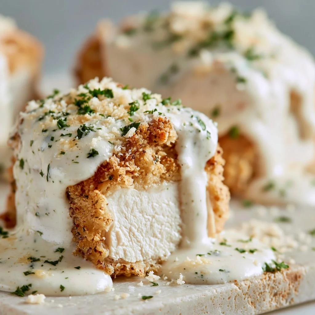 Creamy garlic parmesan chicken served with herbs and garnish