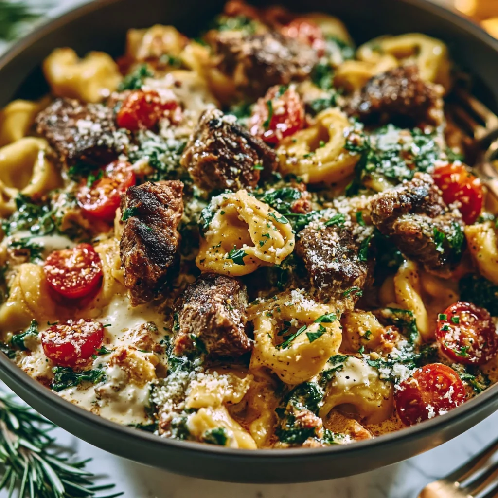 Creamy Tuscan Spinach Tortellini with steak bites served on a plate.