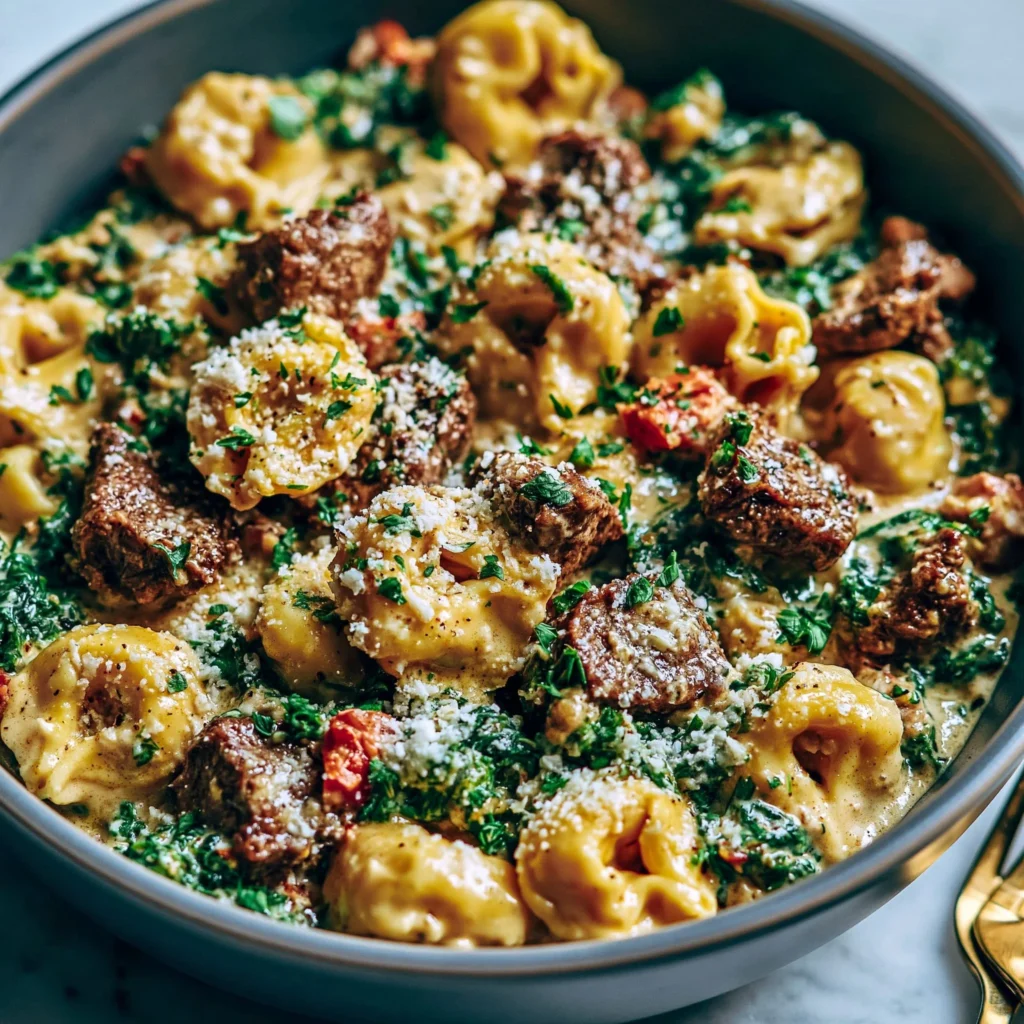 Delicious creamy Tuscan Spinach & Steak Bites with tortellini
