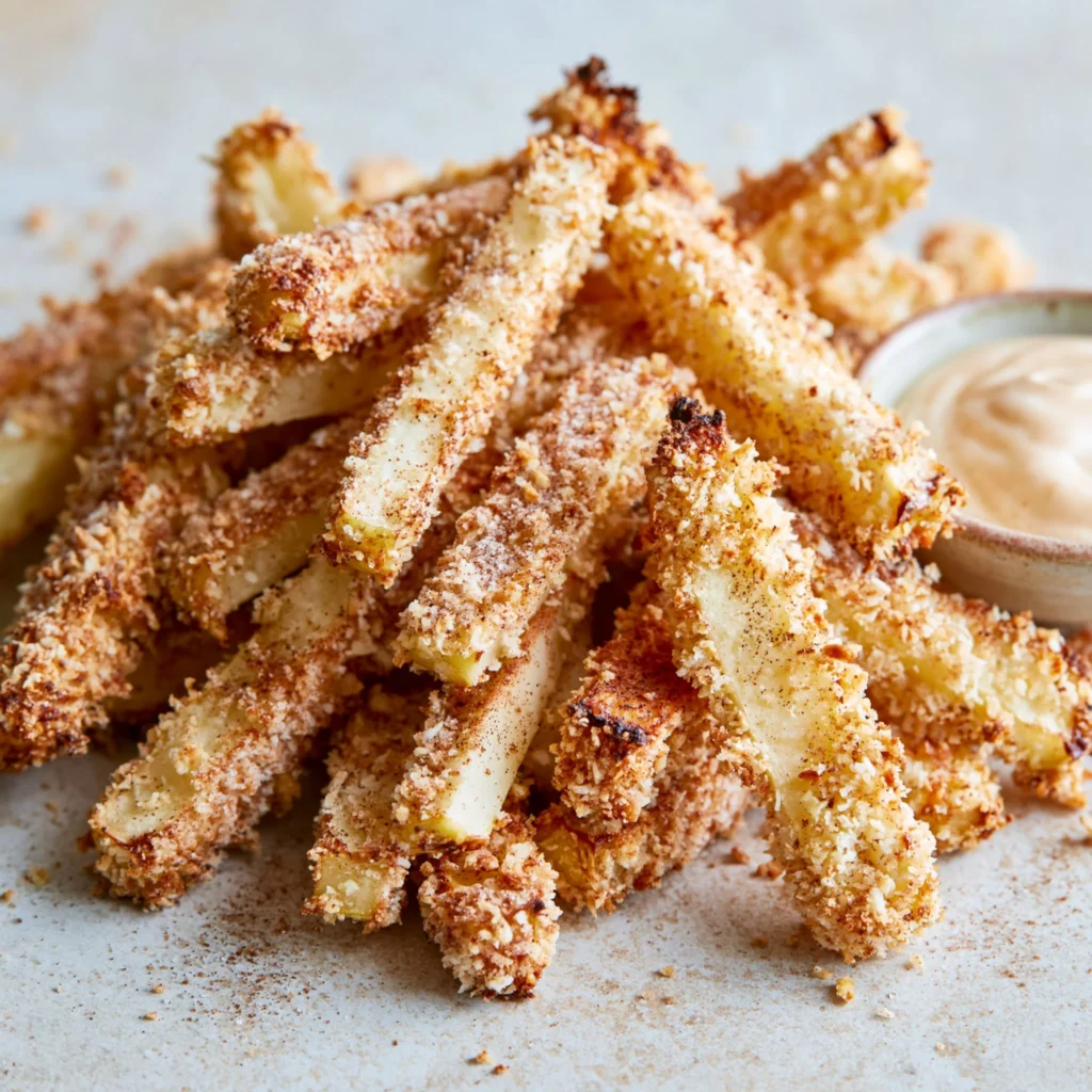 Crispy air fryer apple fries served in a bowl with a dipping sauce