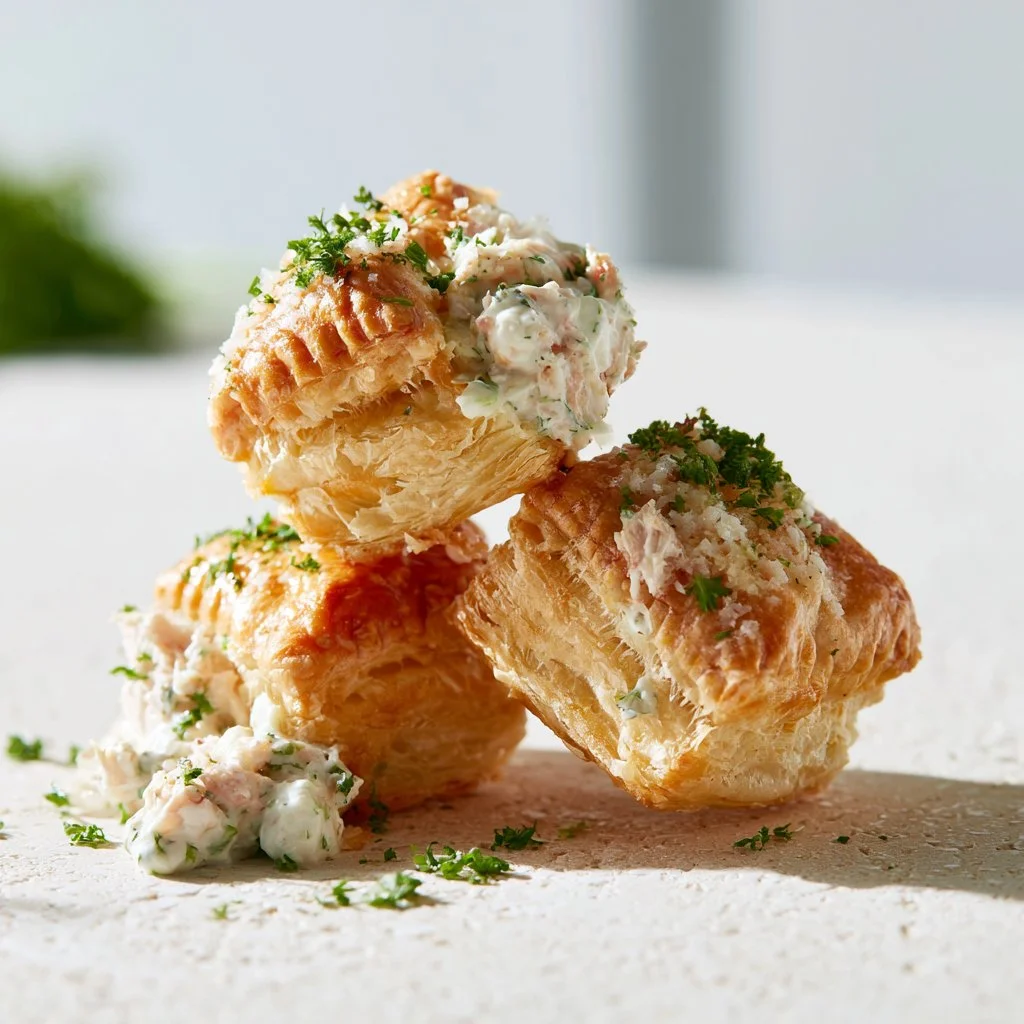 Crispy Chicken Salad Puffs displayed on a plate, garnished with fresh herbs.