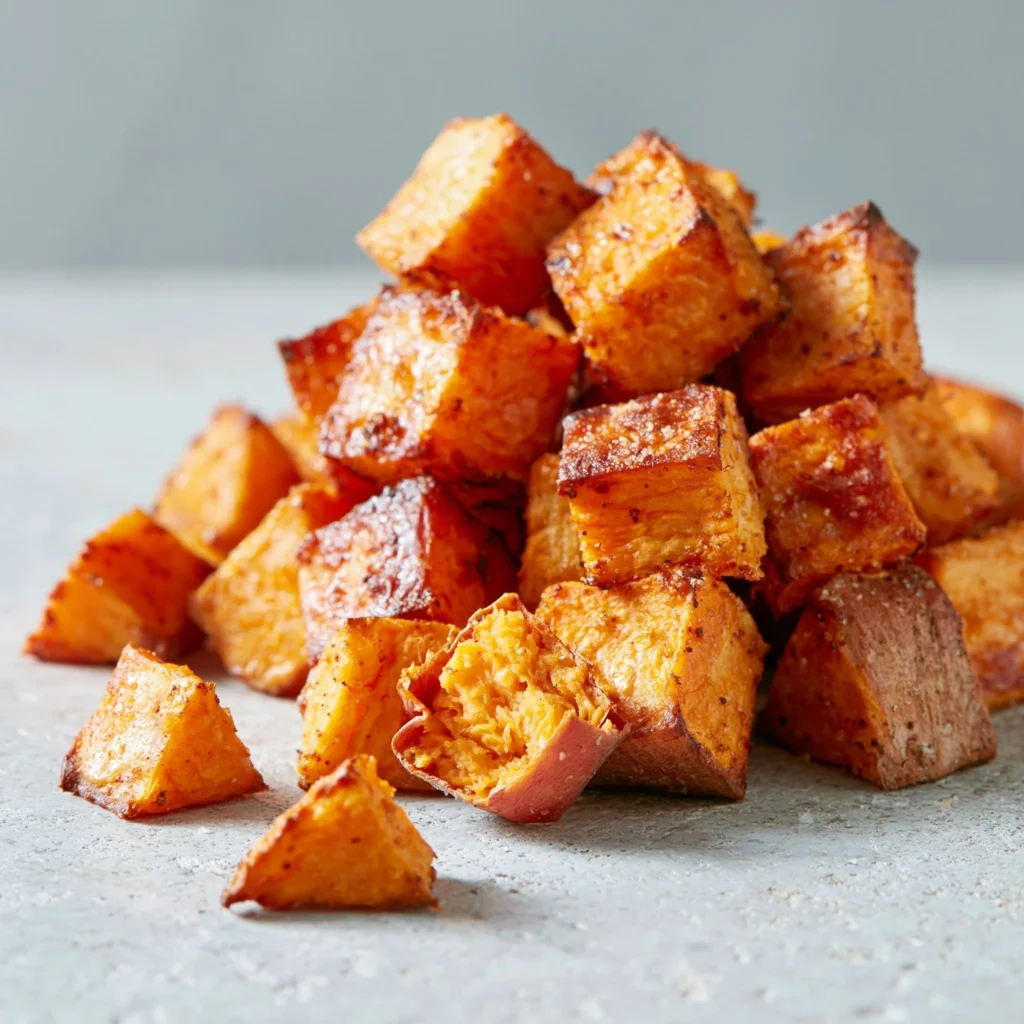 Crispy sweet potato bites served on a plate with dipping sauce