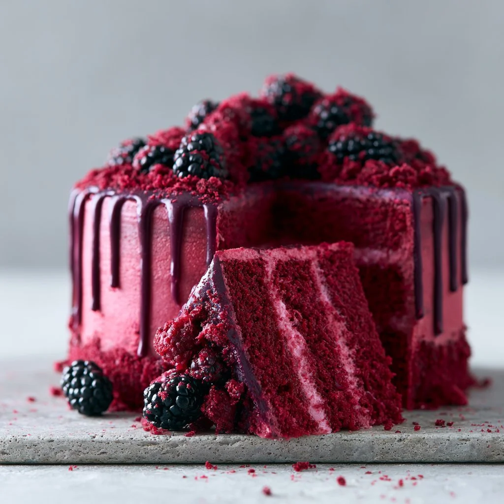 Decadent blackberry velvet gothic cake decorated with berries and elegant design