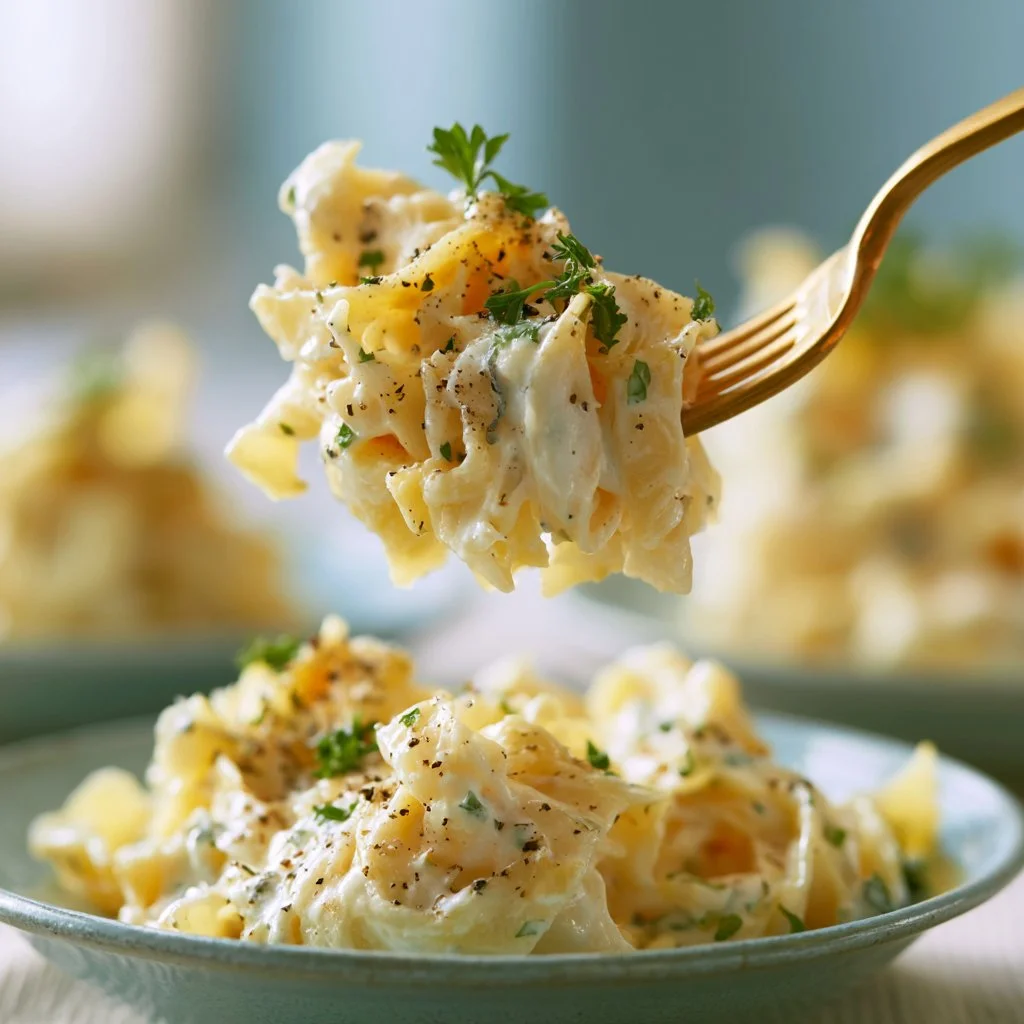 Bowl of delicious and creamy pasta garnished with herbs
