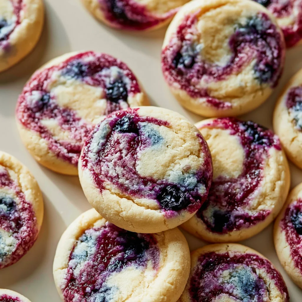 Delicious easy blueberry cheesecake swirl cookies on a plate