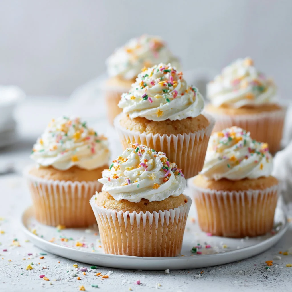 Delicious moist cupcakes with vanilla frosting on a decorative plate