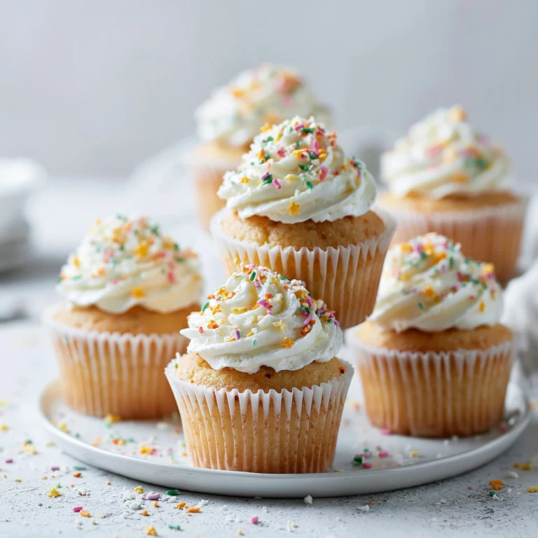 Delicious easy moist cupcakes with creamy vanilla frosting on a plate