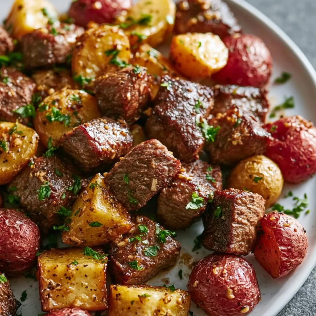 Plate of Garlic Steak Bites and Potatoes garnished with herbs